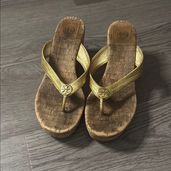 Tory Burch Shoes - Tory Burch Gold Sandals with Wedge Heel